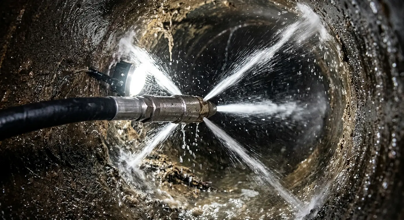 High-pressure hydro jetting nozzle cleaning sewer pipe for Sewer Cleanout in Wallington